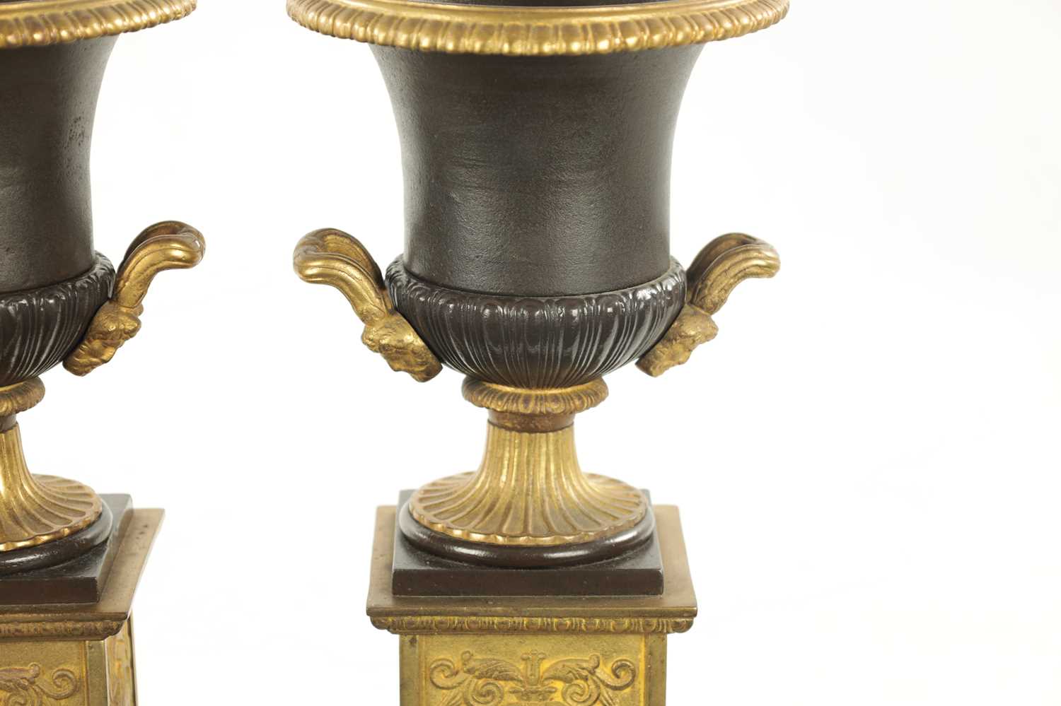 A PAIR OF 19TH CENTURY BRONZED GILT CAST IRON URNS - Image 4 of 9