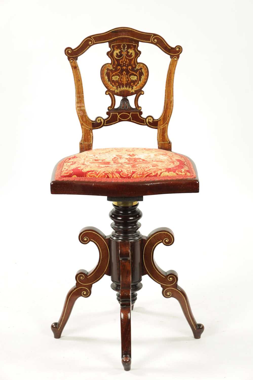 A 19TH CENTURY INLAID ROSEWOOD REVOLVING MUSIC CHAIR