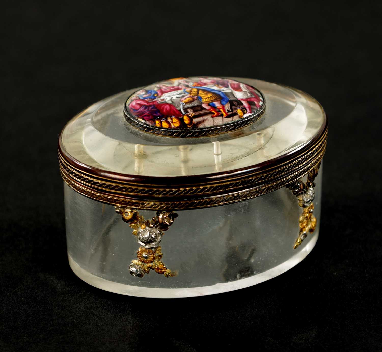 A 19TH CENTURY CONTINENTAL GLASS AND ENAMEL ORMOLU-MOUNTED PILL BOX