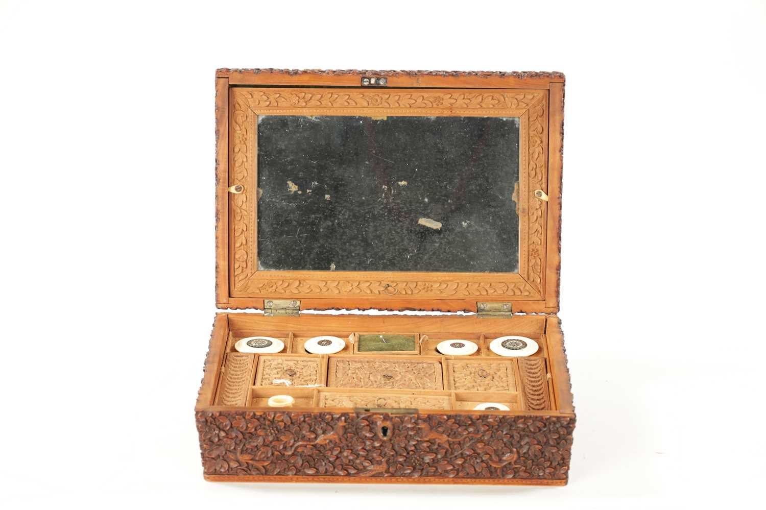 A 19TH CENTURY INDIAN CARVED HARDWOOD SEWING BOX - Image 5 of 14