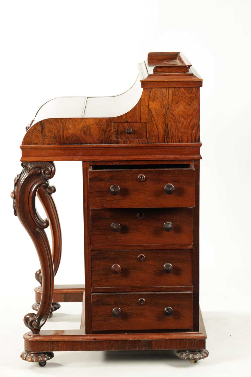 A VICTORIAN FIGURED ROSEWOOD POP-UP PIANO TOP DAVENPORT - Image 8 of 8
