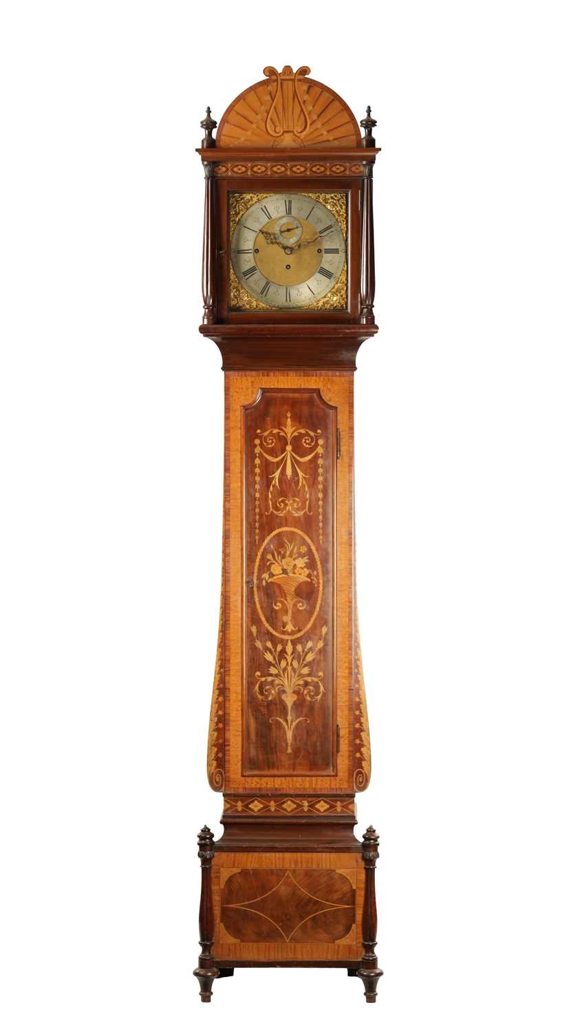 MAPLE AND CO, LONDON. A LATE NINETEENTH CENTURY THREE TRAIN MUSICAL LONGCASE CLOCK, IN THE SHERATON