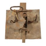 AN EARLY 18TH CENTURY IRON LOCK AND KEY OF LARGE SIZE