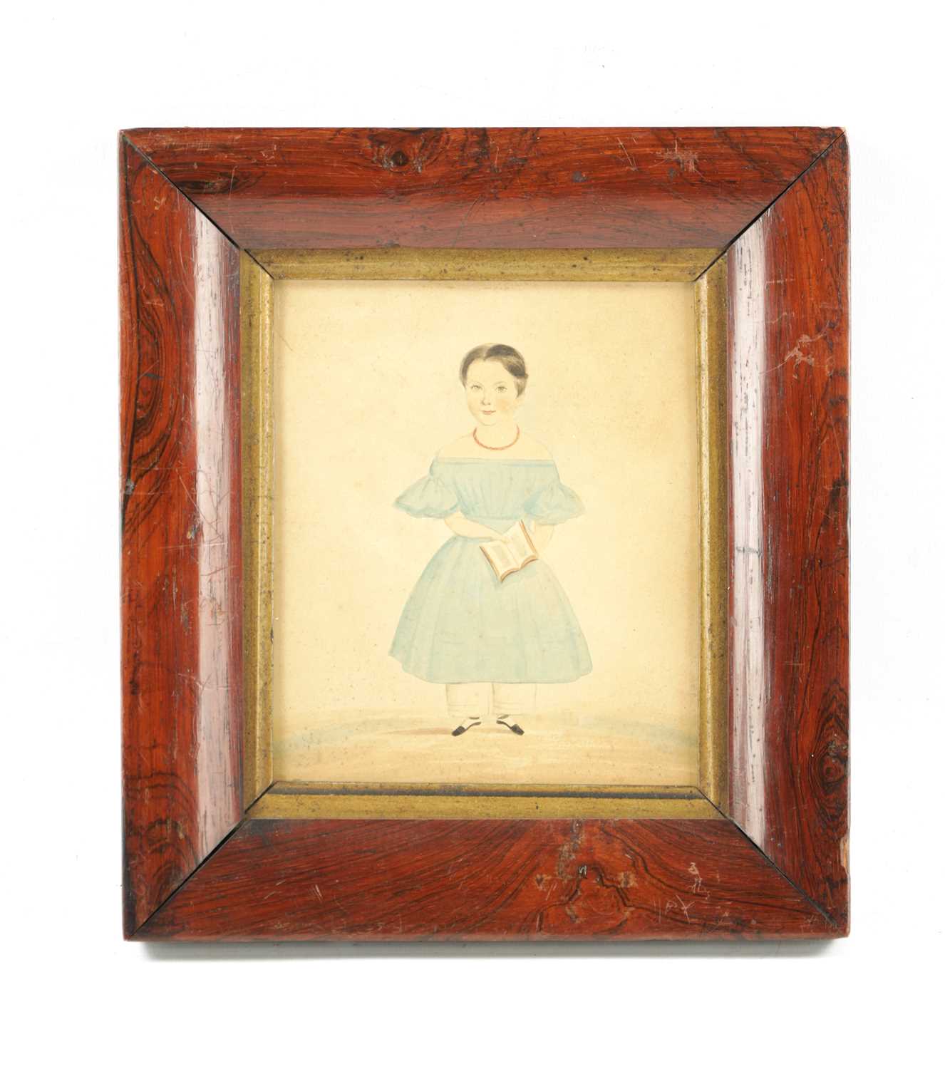 A REGENCY NAÏVE WATERCOLOUR STANDING PORTRAIT OF A CHILD.