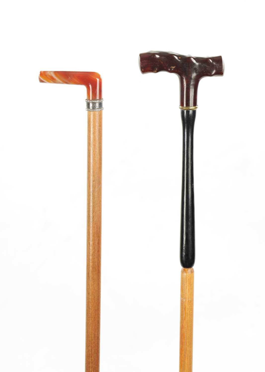 TWO LATE 19TH CENTURY AGATE AND STONE TOPPED WALKING STICKS