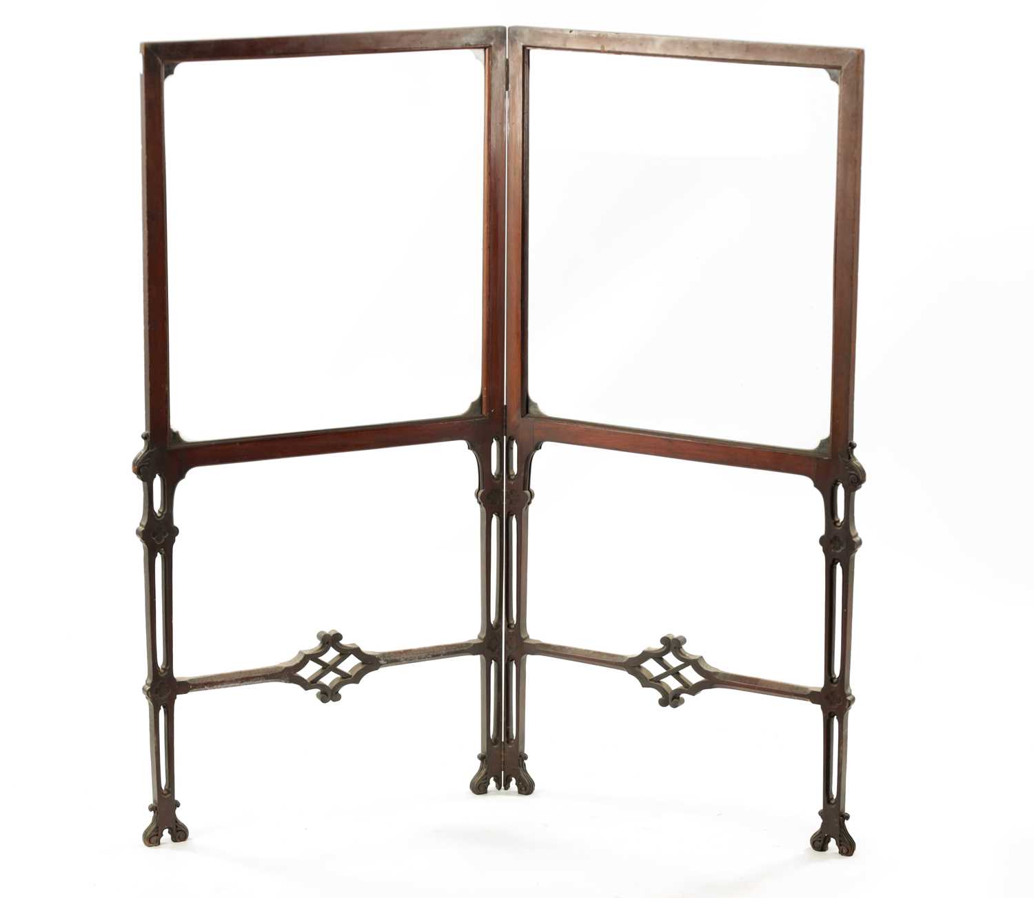 A 19TH CENTURY MAHOGANY CHIPPENDALE STYLE TWO FOLD SCREEN