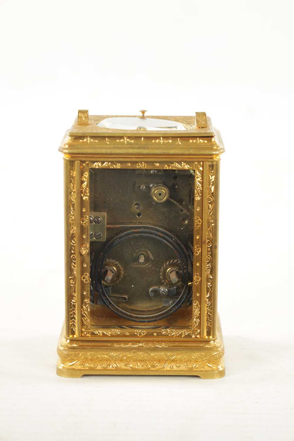 A LATE 19TH CENTURY FRENCH CHAMPLEVE ENAMEL AND GILT BRASS ENGRAVED REPEATING CARRIAGE CLOCK - Image 6 of 13