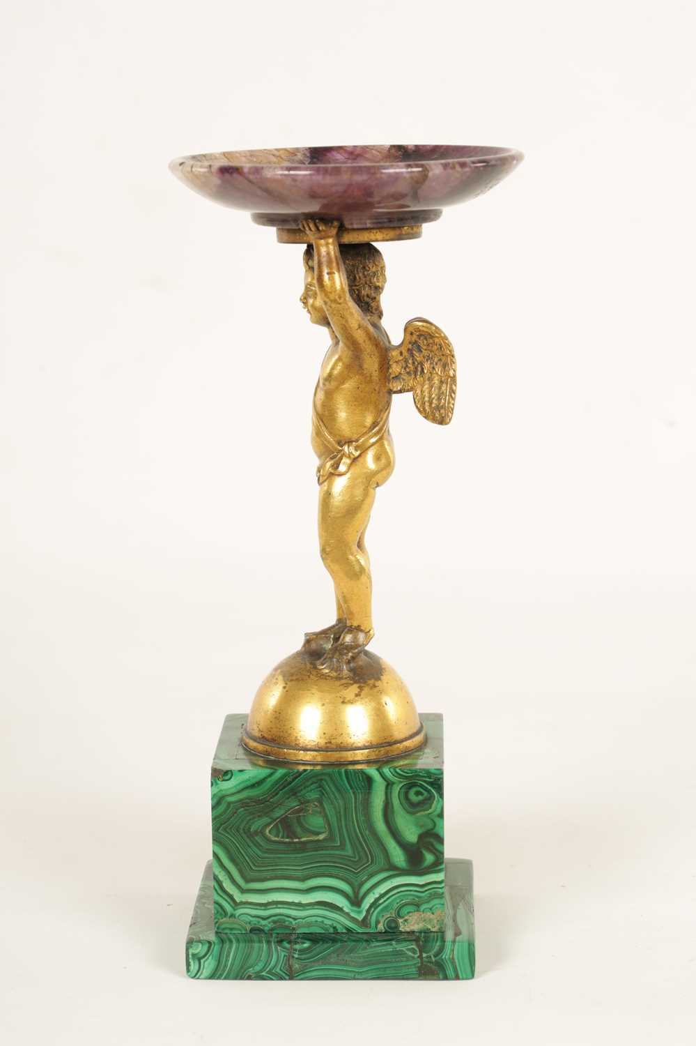 A REGENCY FIGURAL GILT BRONZE, MALACHITE AND BLUE JOHN TAZZA - Image 5 of 11