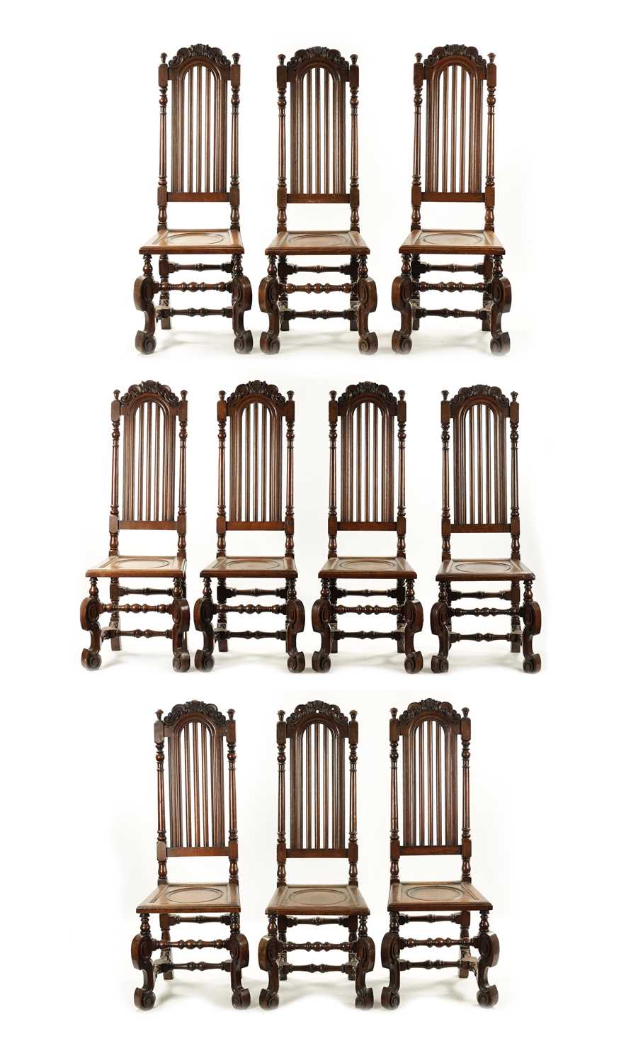 A RARE SET OF TEN EARLY 18TH CENTURY WILLIAM AND MARY STYLE OAK CHAIRS