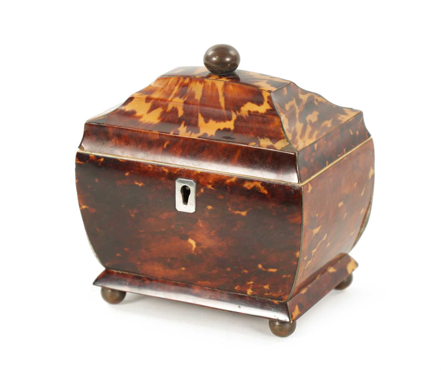 A 19TH CENTURY TORTOISESHELL TEA CADDY OF SMALL SIZE