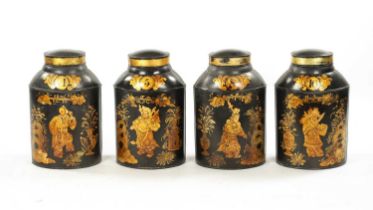 A SET OF FOUR 19TH CENTURY CHINOISERIE LACQUERED TOLE TEA CANISTERS