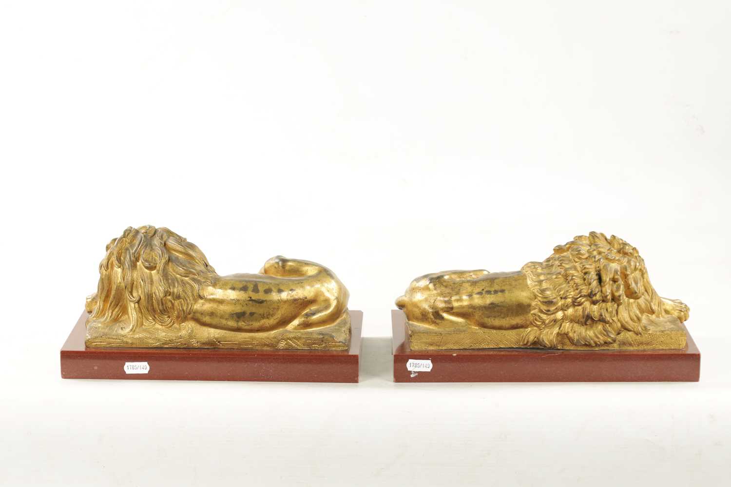 A PAIR OF LATE 19TH CENTURY GILT BRONZE RECUMBENT LIONS - Image 11 of 11