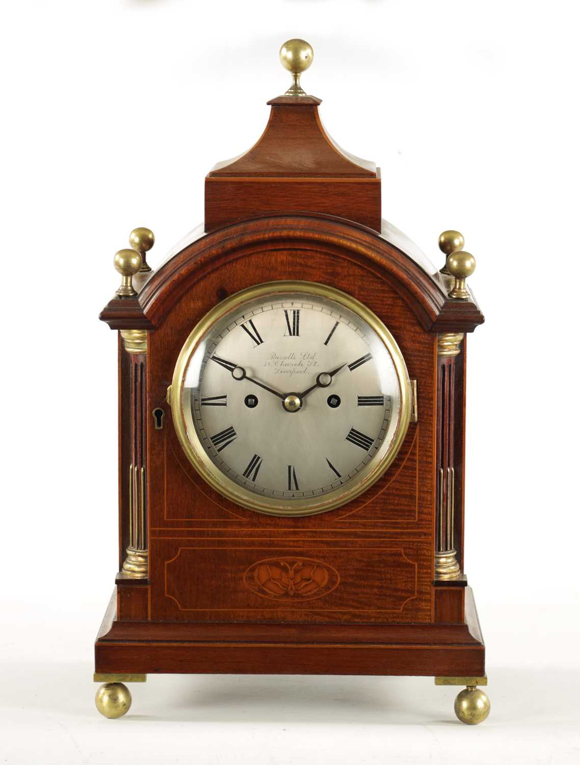 RUSSELLS LTD, LIVERPOOL. A SMALL EDWARDIAN DOUBLE FUSEE BRACKET CLOCK