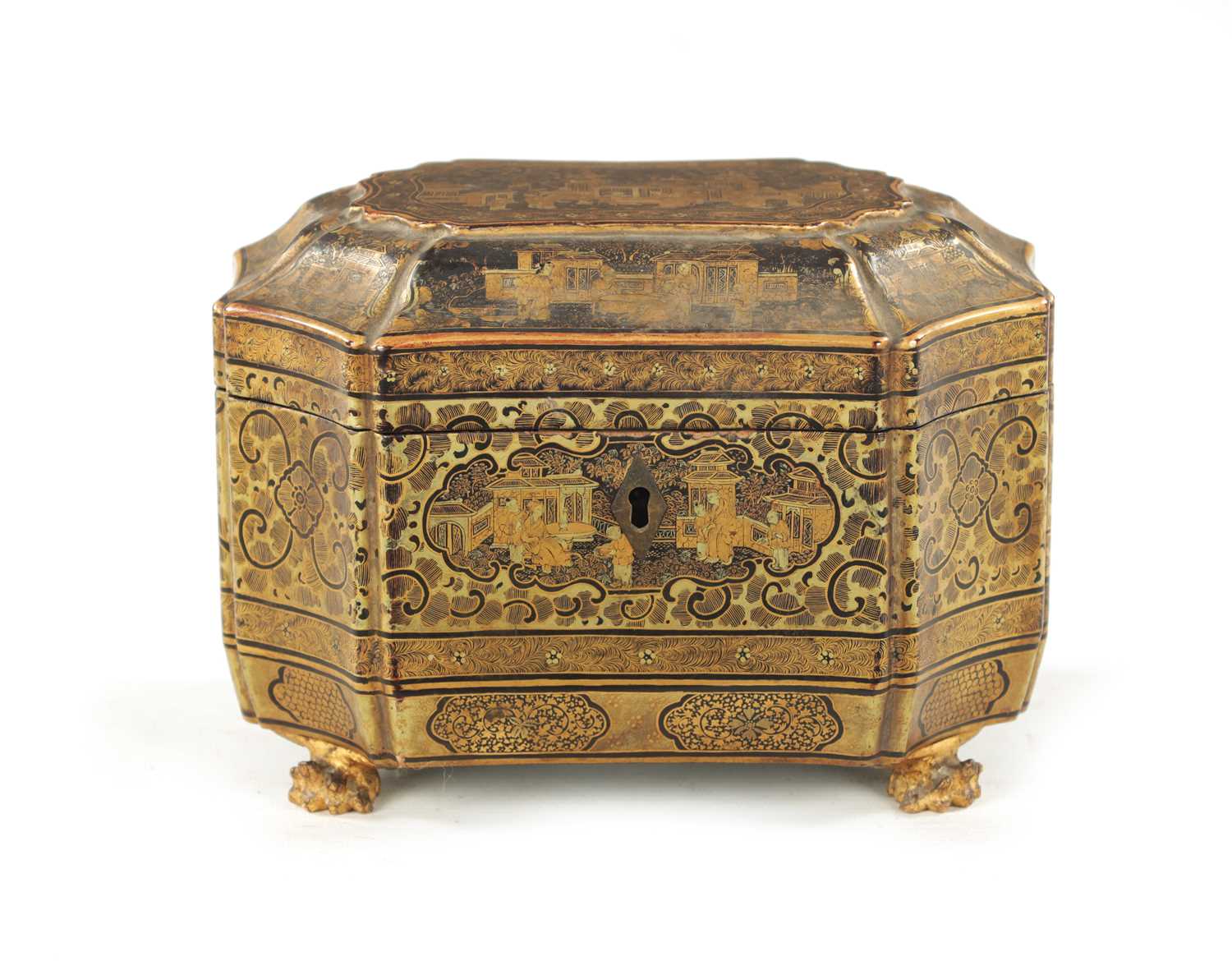 A GOOD 19TH CENTURY CHINESE EXPORT LACQUER WORK TEA CADDY