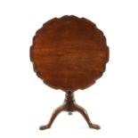 AN 18TH CENTURY FIGURED MAHOGANY PIE CRUST TRIPOD TABLE ON MANX FEET