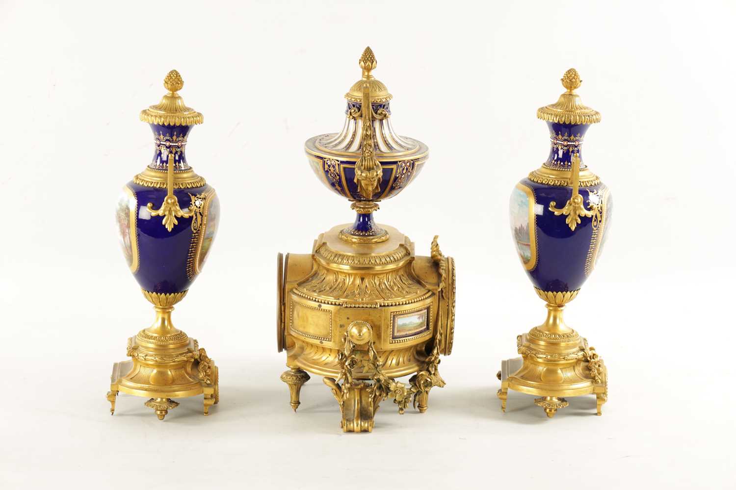 A FINE 19TH CENTURY FRENCH ORMOLU AND SEVRES PORCELAIN CLOCK GARNITURE - Image 8 of 12