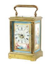 A LATE 19TH CENTURY FRENCH PORCELAIN PANELLED REPEATING CARRIAGE CLOCK