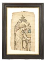 A LATE 19TH CENTURY PRE-RAPHAELITE ORIGINAL DRAWING FOR A STAINED GLASS WINDOW IN THE MANNER OF SIR