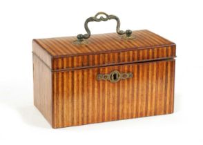 A GEORGE III STRIPED INLAID SPECIMEN WOOD TEA CADDY