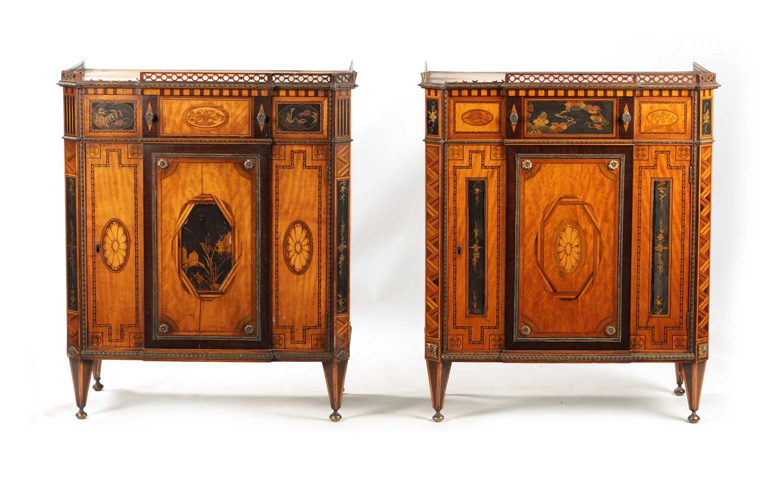 A FINE PAIR OF 18TH CENTURY CONTINENTAL SATINWOOD AND MAHOGANY LACQUERWORK AND INLAID SIDE CABINETS