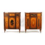 A FINE PAIR OF 18TH CENTURY CONTINENTAL SATINWOOD AND MAHOGANY LACQUERWORK AND INLAID SIDE CABINETS