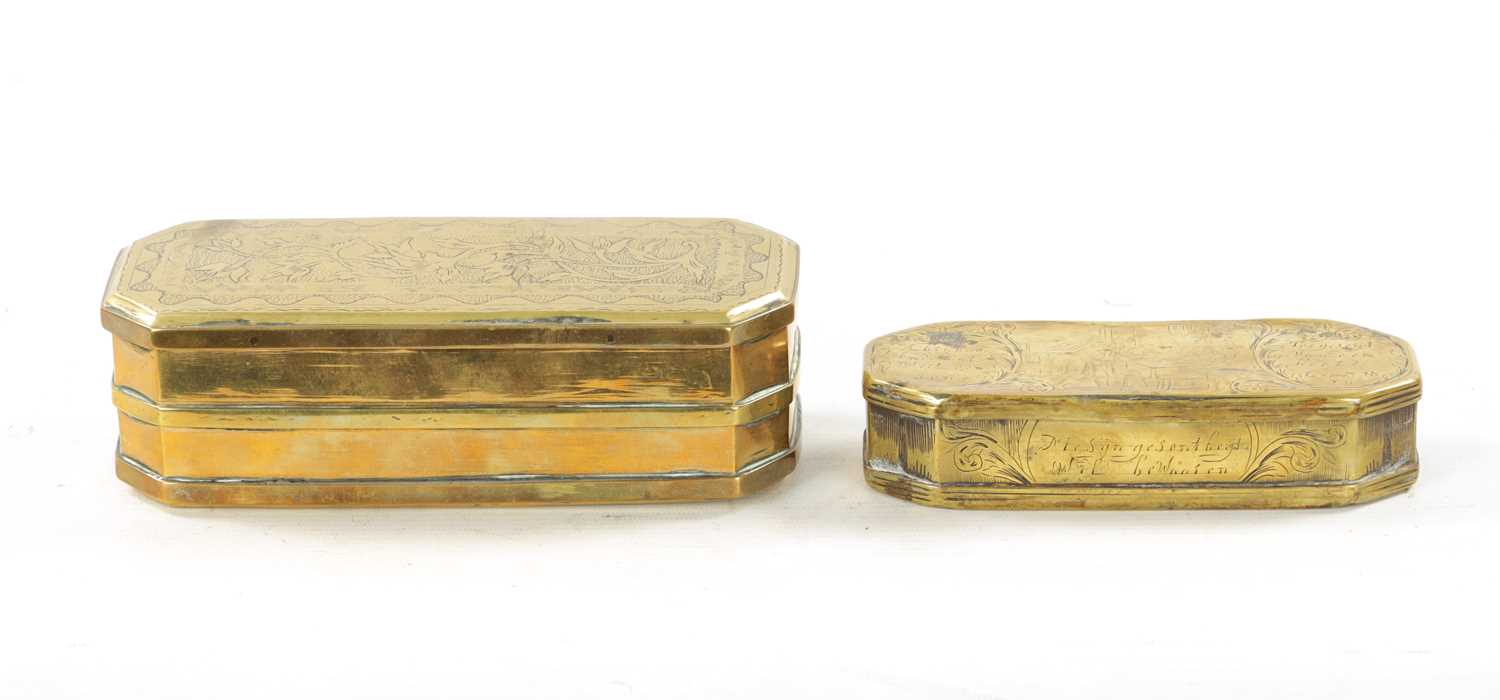 AN 18TH CENTURY DUTCH ENGRAVED BRASS TOBACCO BOX AND AN 18TH CENTURY INDIAN BRASS TOBACCO BOX