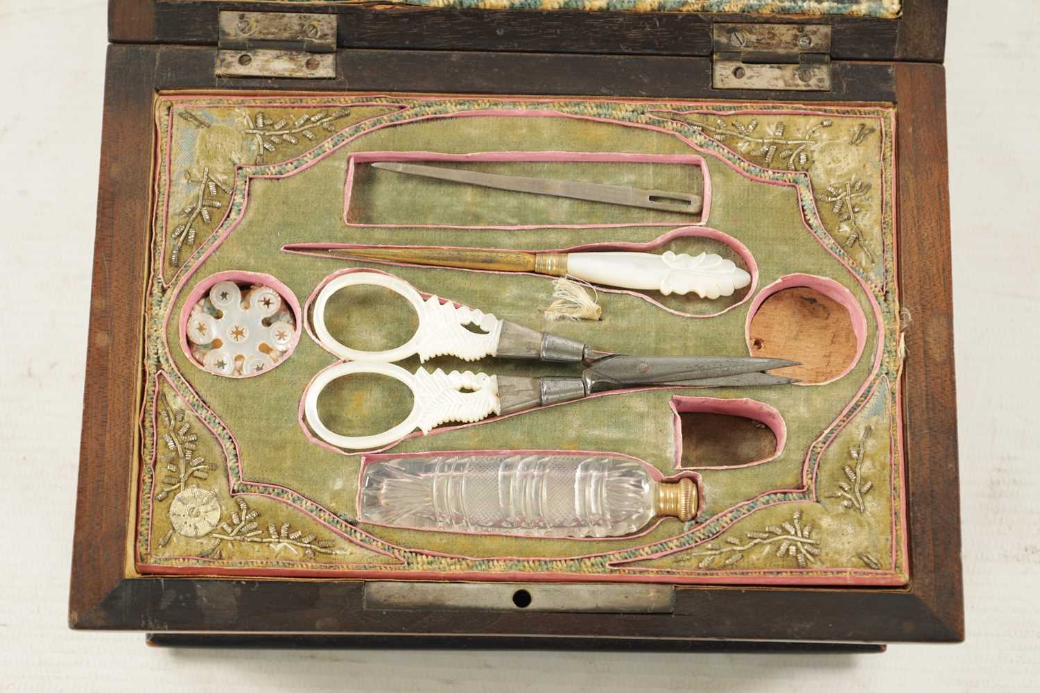 A 19TH CENTURY BURR WALNUT MUSICAL SEWING KIT - Image 2 of 8