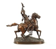 AFTER P. J. MENE. A 19TH CENTURY PATINATED BRONZE SCULPTURE OF AN ARABIAN MAN ON HORSEBACK