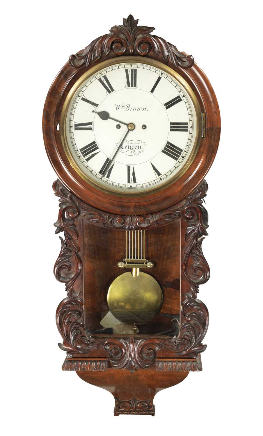 W. BROWN. LONDON. A LATE 19TH CENTURY CARVED WALNUT DOUBLE FUSEE WALL CLOCK