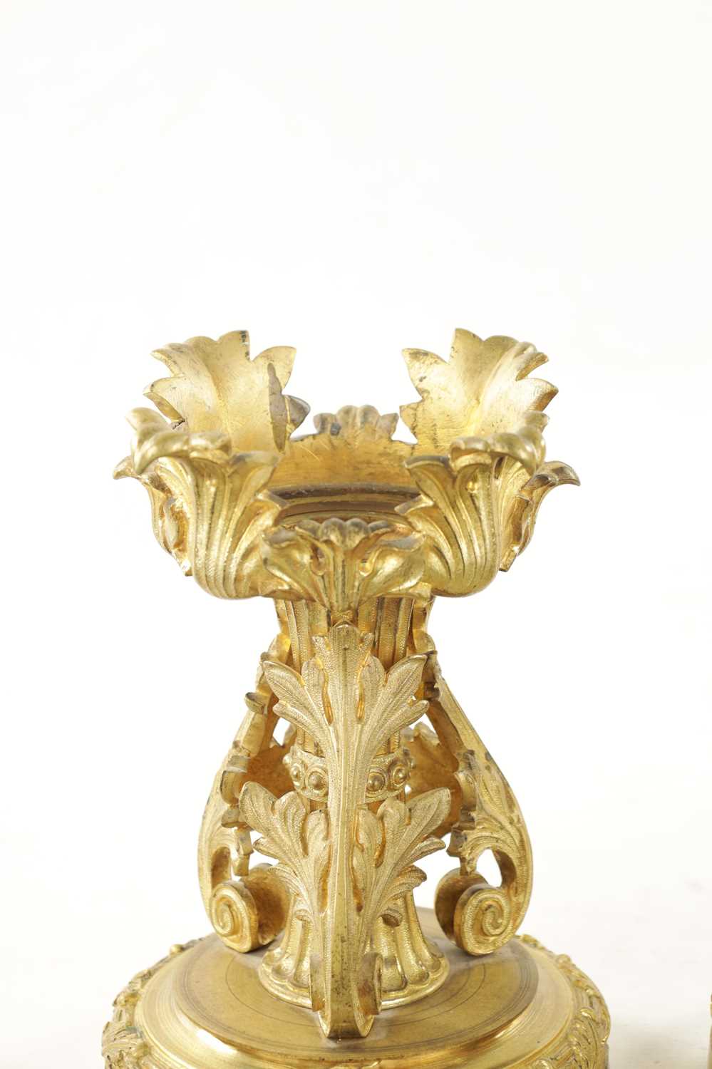 A PAIR OF EARLY 19TH CENTURY GILT ORMOLU FIRE DOGS - Image 3 of 5