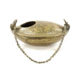 AN ANTIQUE PERSIAN ENGRAVED BRASS HANGING OIL LAMP