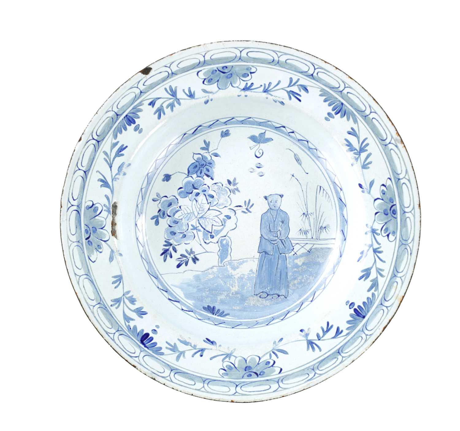 AN 18TH CENTURY TINWARE BLUE AND WHITE DELFT STYLE PLATE