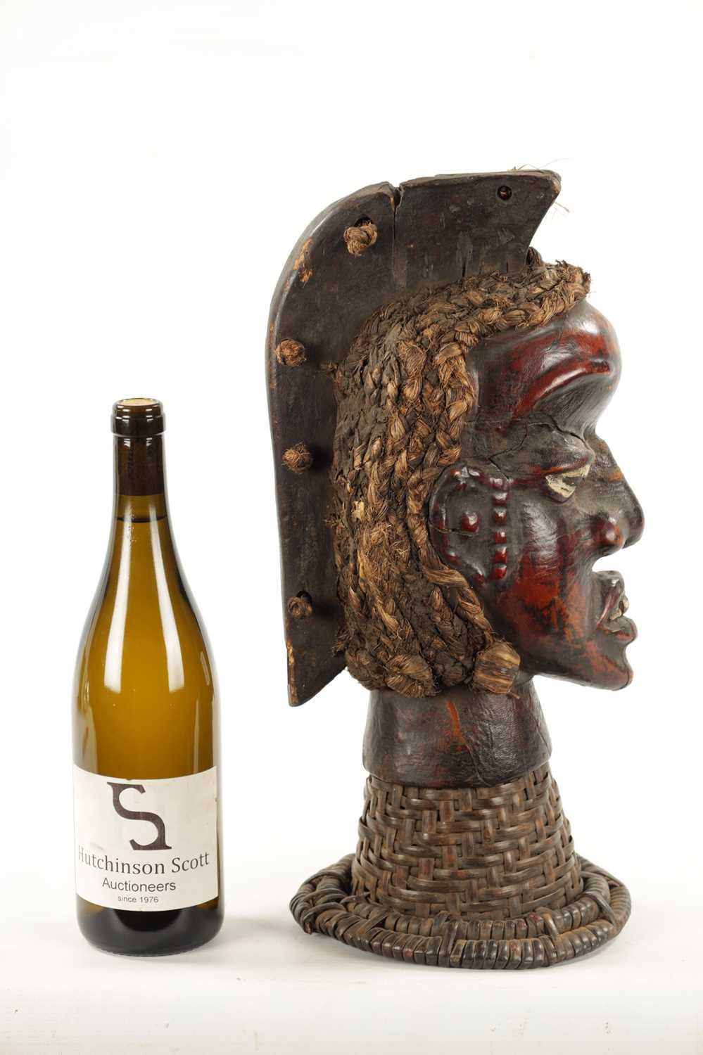 AN OLD AFRICAN WICKER AND PARDIMENT TRIBAL HEAD POSSIBLY YORUBA - Image 2 of 6