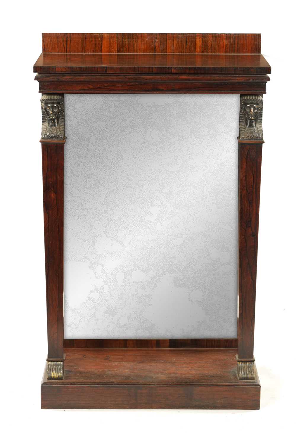 A REGENCY EYPTIAN REVIVAL ROSEWOOD MIRRORED BACK CONSOLE TABLE