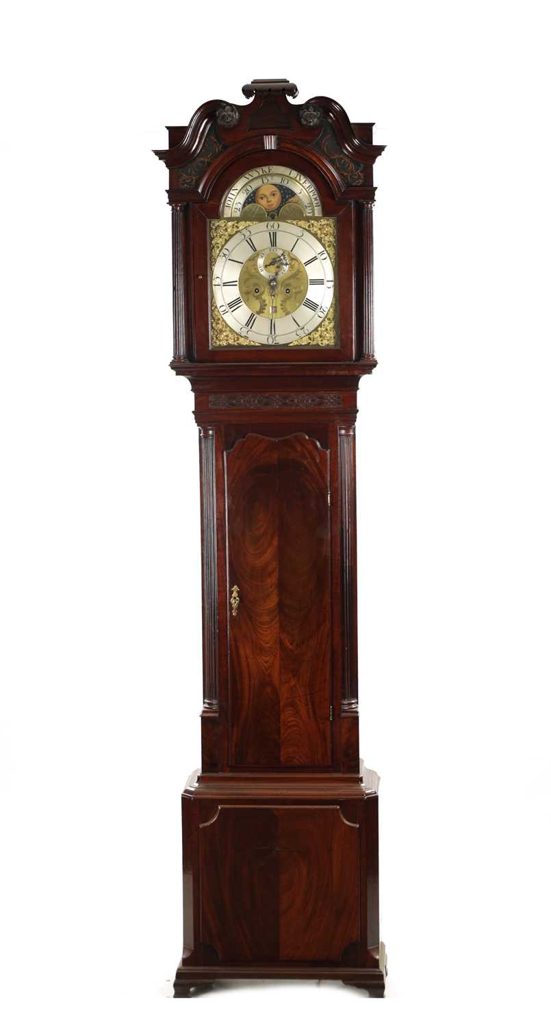 JOHN WYKE, LIVERPOOL. AN EARLY GEORGE III FIGURED MAHOGANY EIGHT DAY LONGCASE CLOCK