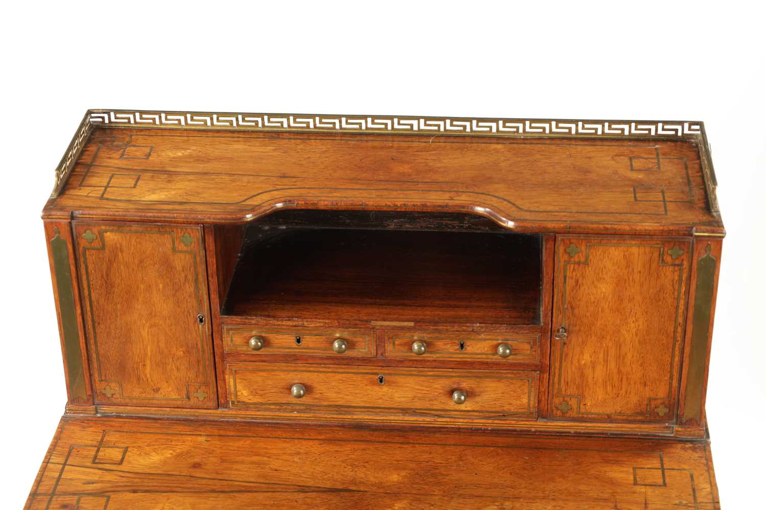 A FINE REGENCY BRASS INLAID ROSEWOOD BONHEUR DE JOUR IN THE MANNER OF JOHN MCLEAN - Image 2 of 14