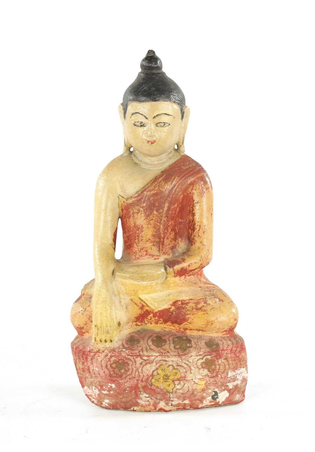 A 19TH CENTURY CARVED ALABASTER PAINTED BURMESE BUDDHA
