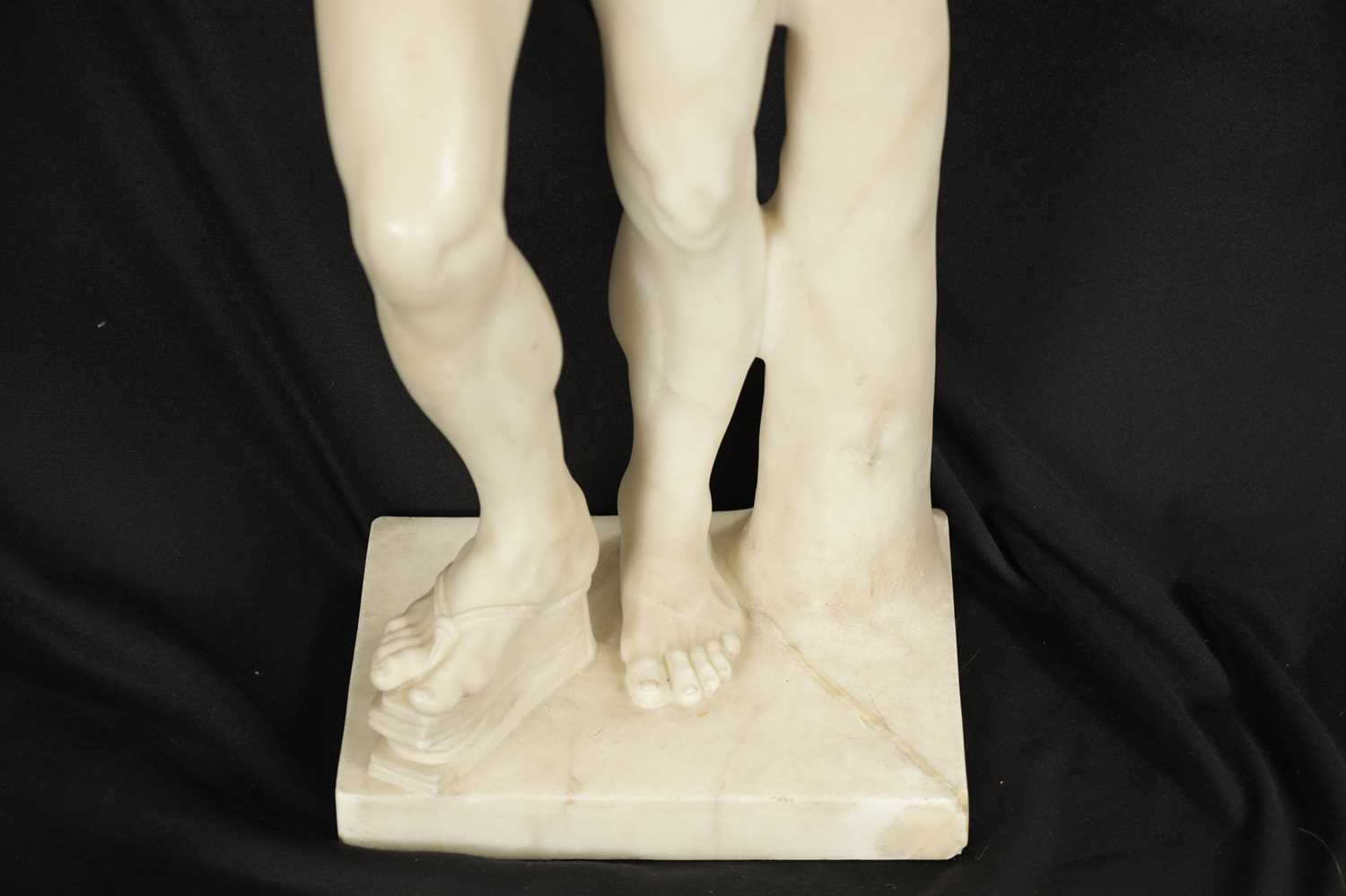 A 19TH CENTURY ITALIAN CARRERA MARBLE SCULPTURE OF A DANCING FAUN ON LATER SQUARE COLUMN BASE - Image 3 of 8