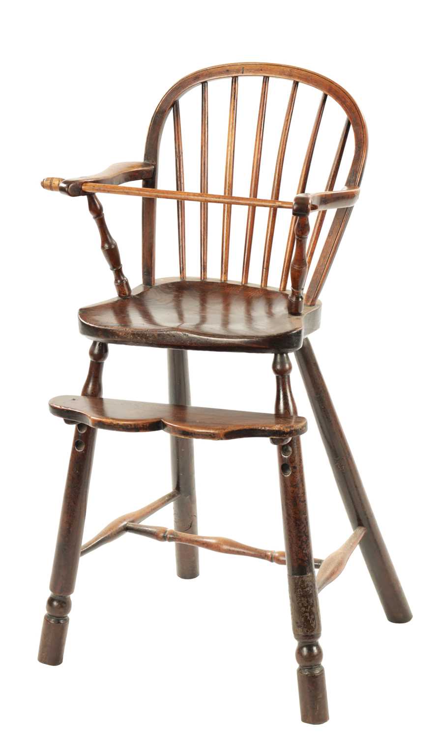 A 19TH CENTURY FRUITWOOD CHILDREN’S SPINDLE BACK HIGH CHAIR