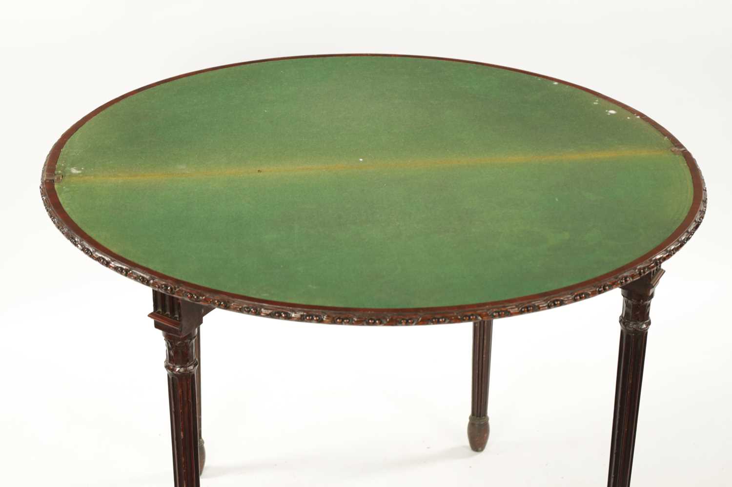 A GEORGE III MAHOGANY DEMI LUNE CARD TABLE IN THE MANNER OF ROBERT ADAM - Image 8 of 9