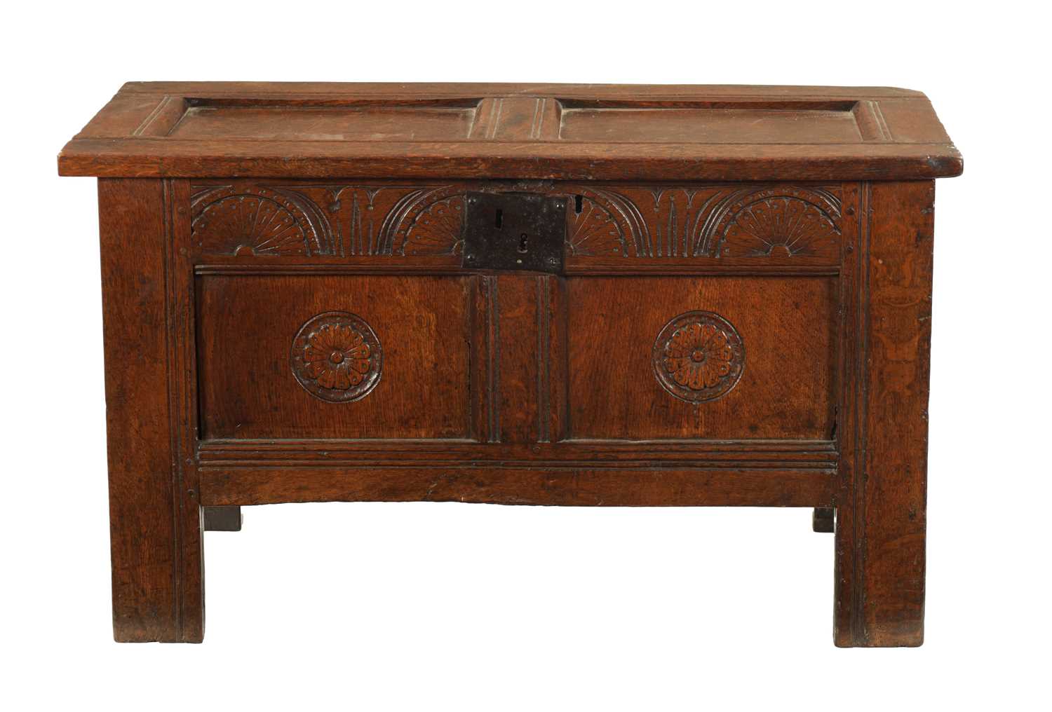 A SMALL 17TH CENTURY OAK TWO PANEL COFFER