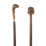 TWO LATE 19TH CENTURY CARVED DOG'S HEAD WALKING STICKS