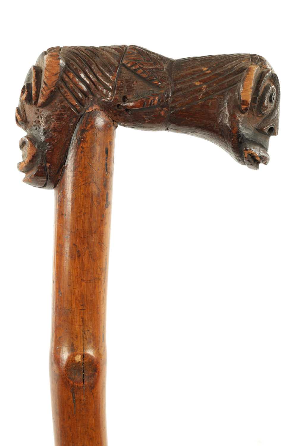 A RARE TWO HEADED GROTESQUE 19TH CENTURY AFRICAN WALKING STICK - Image 4 of 8