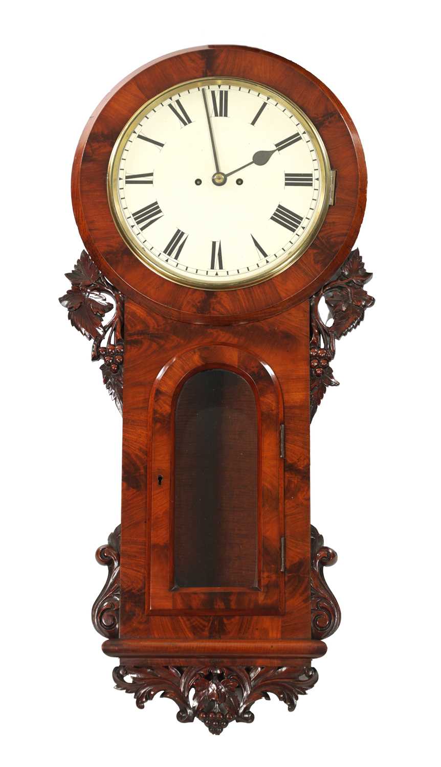 A 19TH CENTURY ENGLISH FIGURED MAHOGANY DOUBLE FUSEE WALL CLOCK