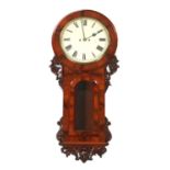 A 19TH CENTURY ENGLISH FIGURED MAHOGANY DOUBLE FUSEE WALL CLOCK