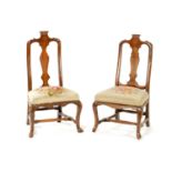 A MATCHED PAIR OF GEORGE I WALNUT SIDE CHAIRS OF SMALL SIZE
