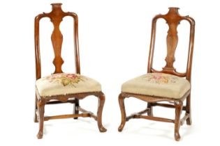 A MATCHED PAIR OF GEORGE I WALNUT SIDE CHAIRS OF SMALL SIZE