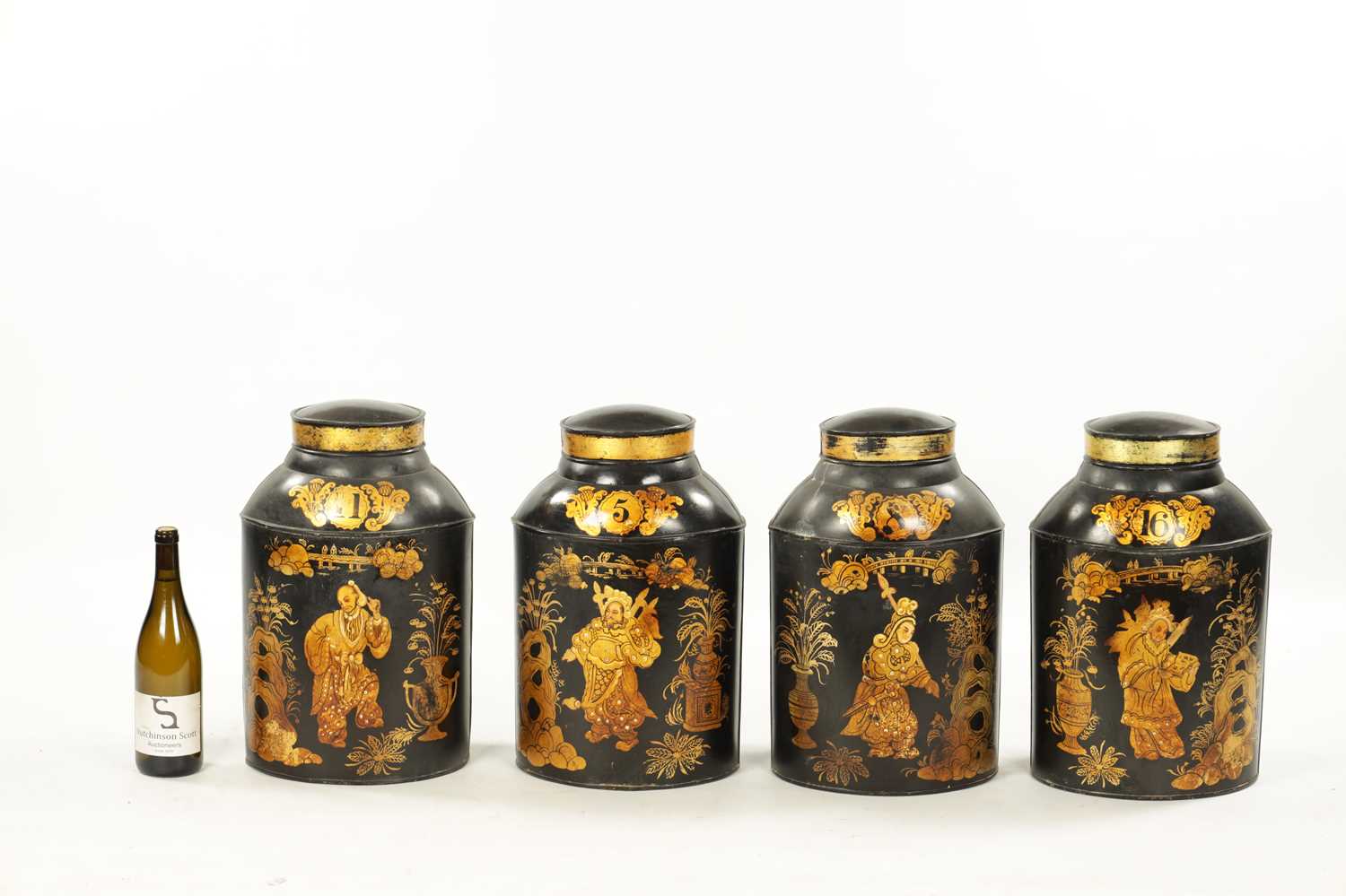 A SET OF FOUR 19TH CENTURY CHINOISERIE LACQUERED TOLE TEA CANISTERS - Image 2 of 10