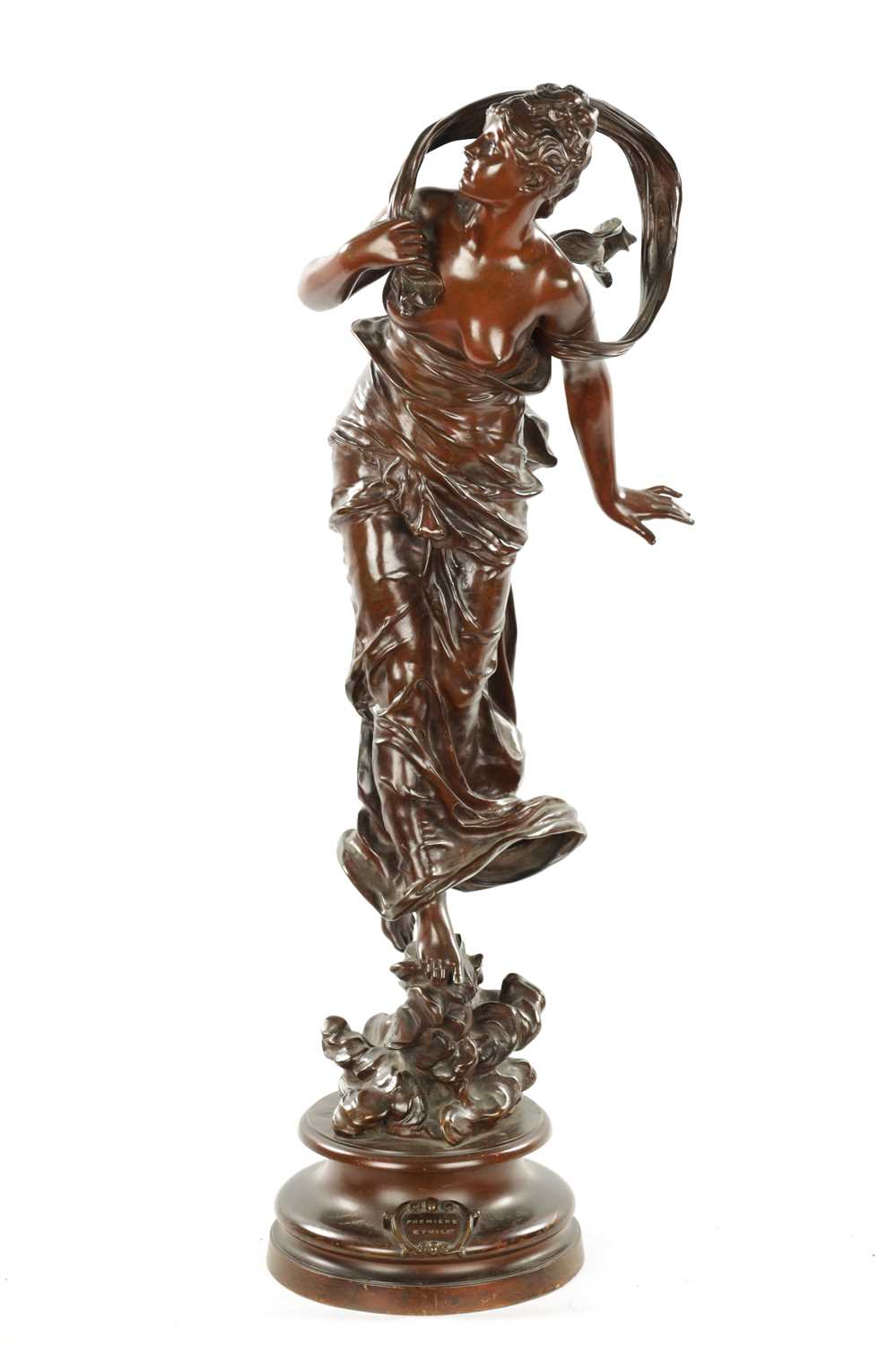 JEAN-JULES CAMBOS (1828-1885). A FINE 19TH CENTURY BROWN PATINATED BRONZE SCULPTURE OF A YOUNG LADY