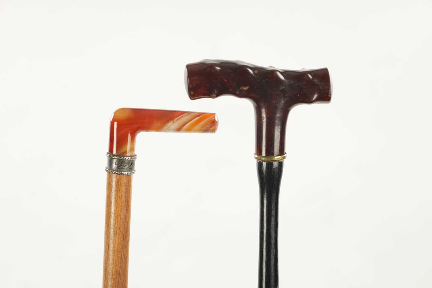 TWO LATE 19TH CENTURY AGATE AND STONE TOPPED WALKING STICKS - Image 2 of 4